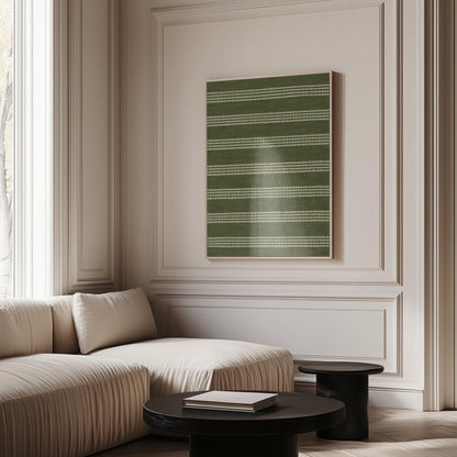Olive green field with thin cream pinstripe rows, canvas wall art seen in a warm interior with natural light