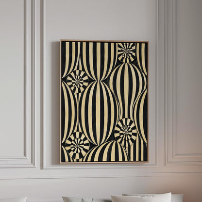Optical illusion of striped spheres in black and cream, canvas print in a bright room with natural daylight