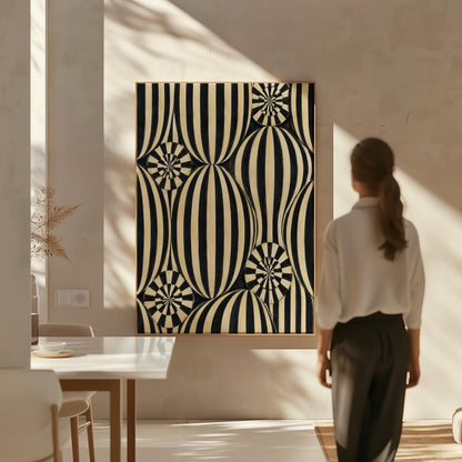 Optical illusion of striped spheres in black and cream, canvas print on a quiet wall in a considered interior