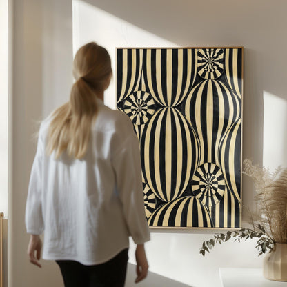Optical illusion of striped spheres in black and cream, canvas print shown to scale in a furnished room