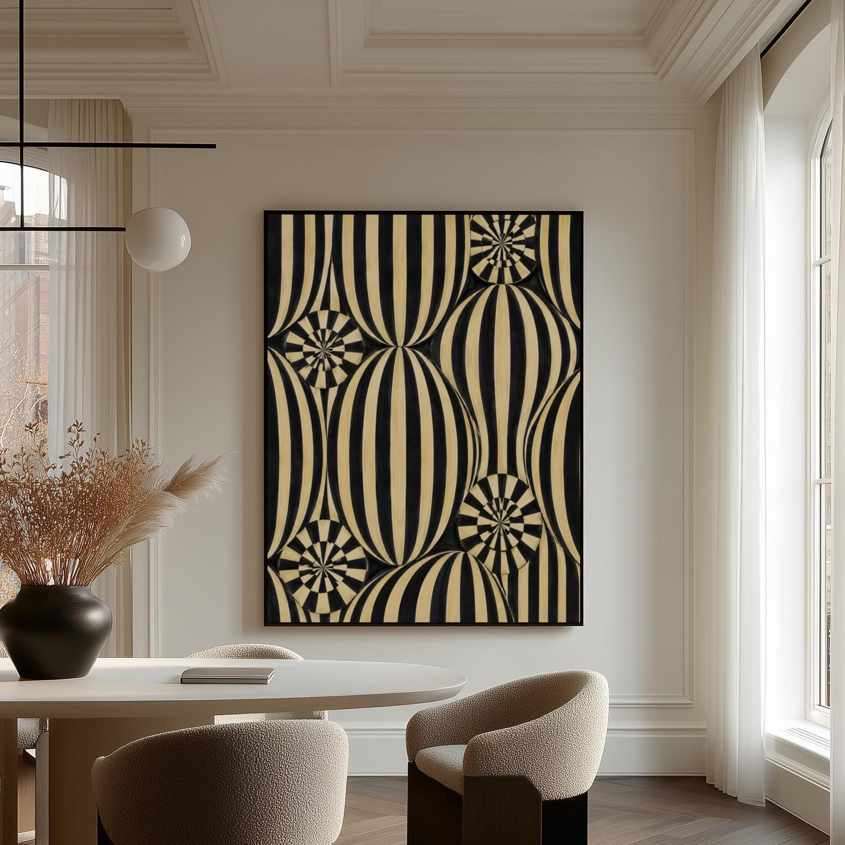 Optical illusion of striped spheres in black and cream, canvas print displayed on a neutral wall in a styled interior