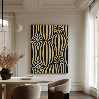 Optical illusion of striped spheres in black and cream, canvas print displayed on a neutral wall in a styled interior