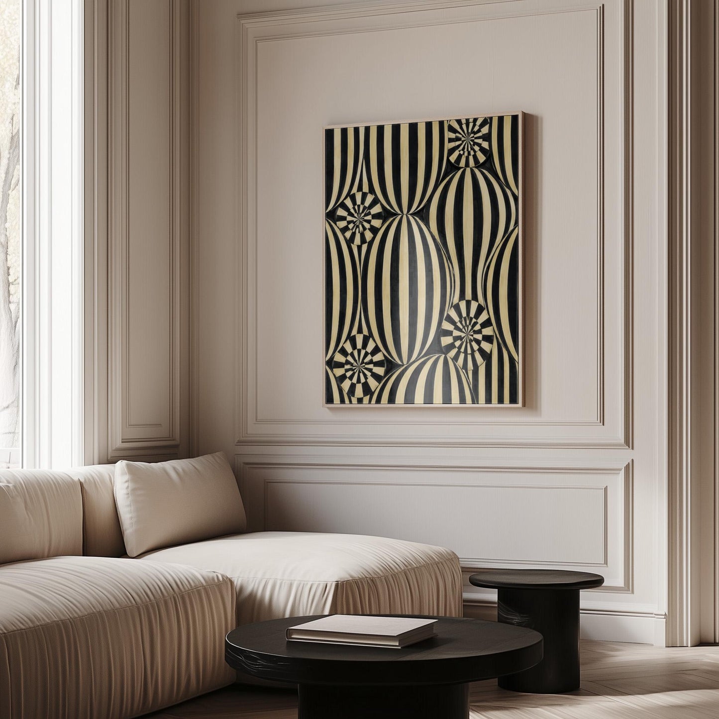 Optical illusion of striped spheres in black and cream, canvas print shown in a sunlit, contemporary room