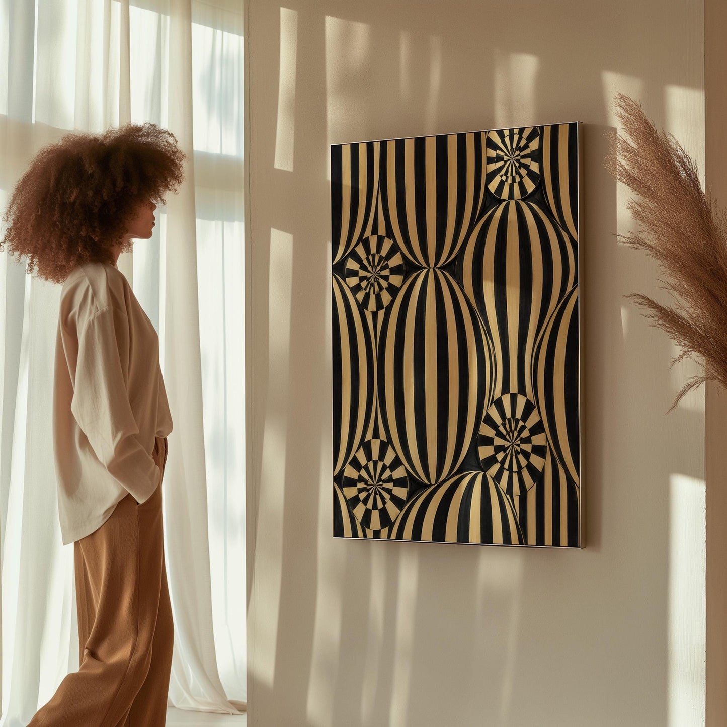 Optical illusion of striped spheres in black and cream, canvas wall art styled against a soft white wall