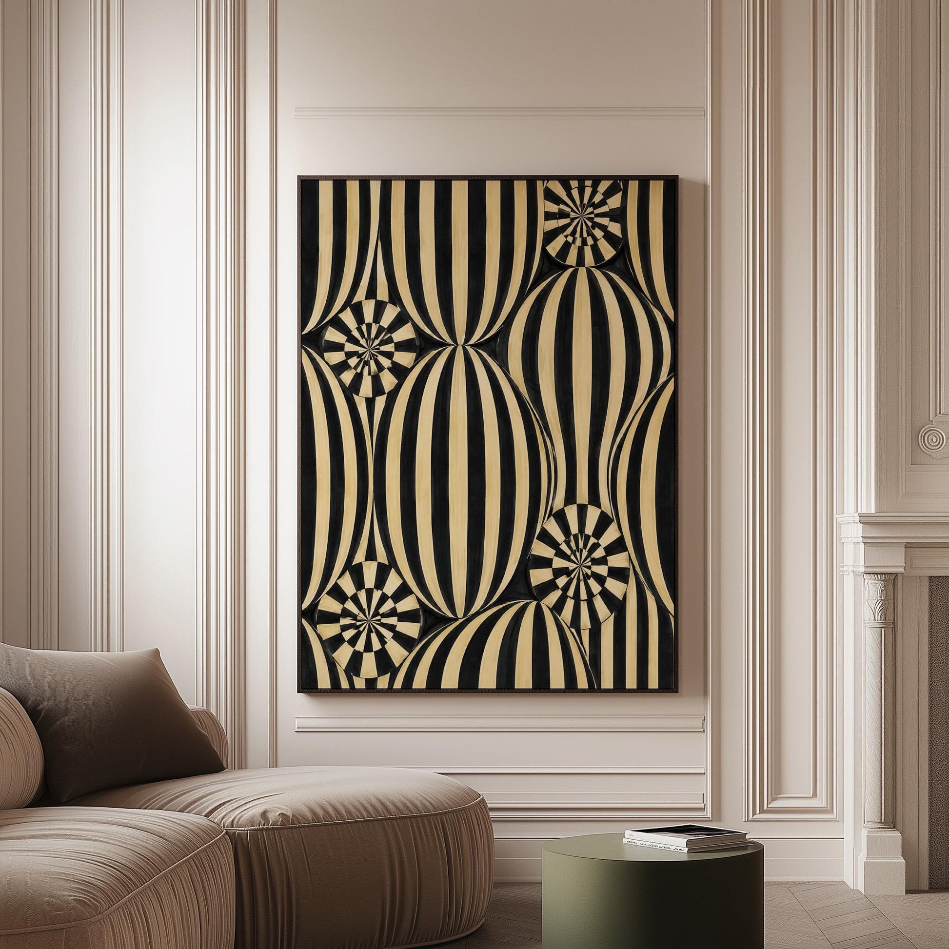 Optical illusion of striped spheres in black and cream, canvas print on a softly lit wall in a calm interior