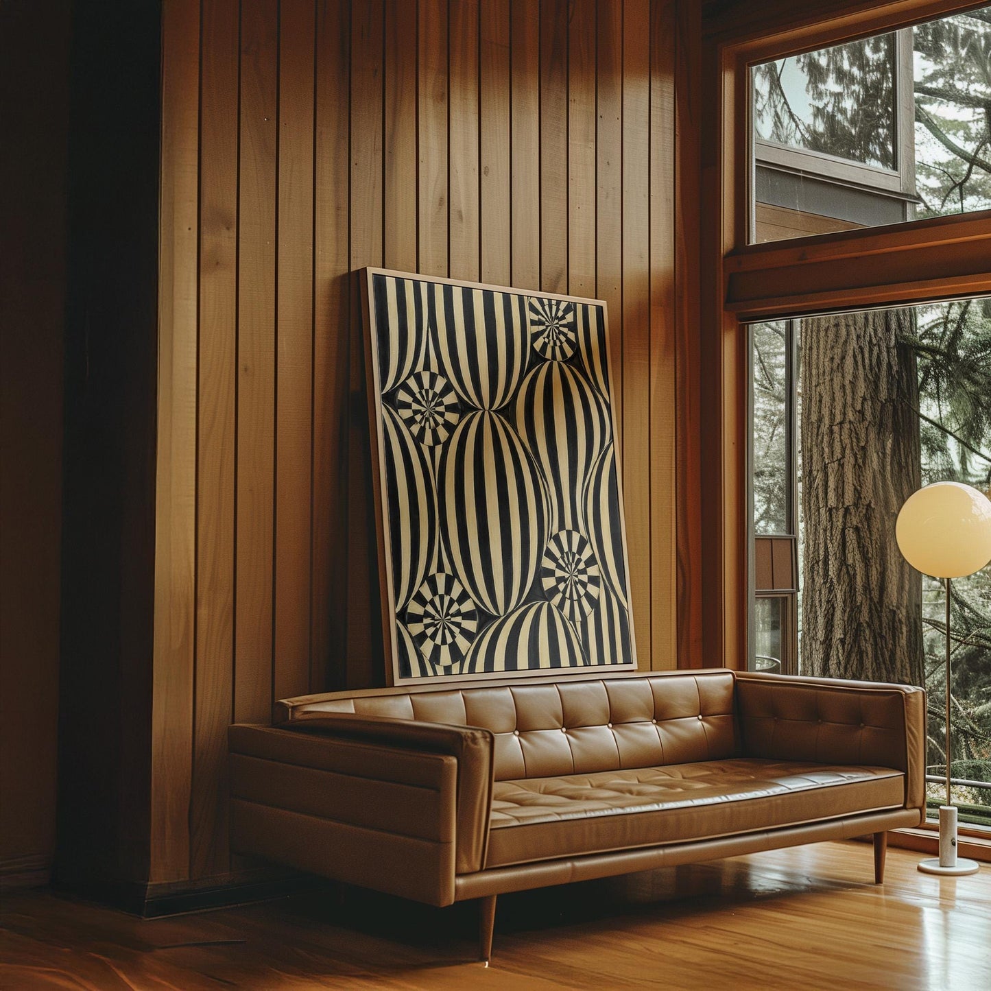 Optical illusion of striped spheres in black and cream, canvas wall art on a quiet wall in a considered interior