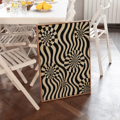 Swirling wavy stripes with spiral discs in black and ivory, canvas print hanging in a calm, modern living space