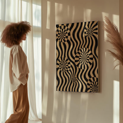 Swirling wavy stripes with spiral discs in black and ivory, canvas print displayed on a neutral wall in a styled interior
