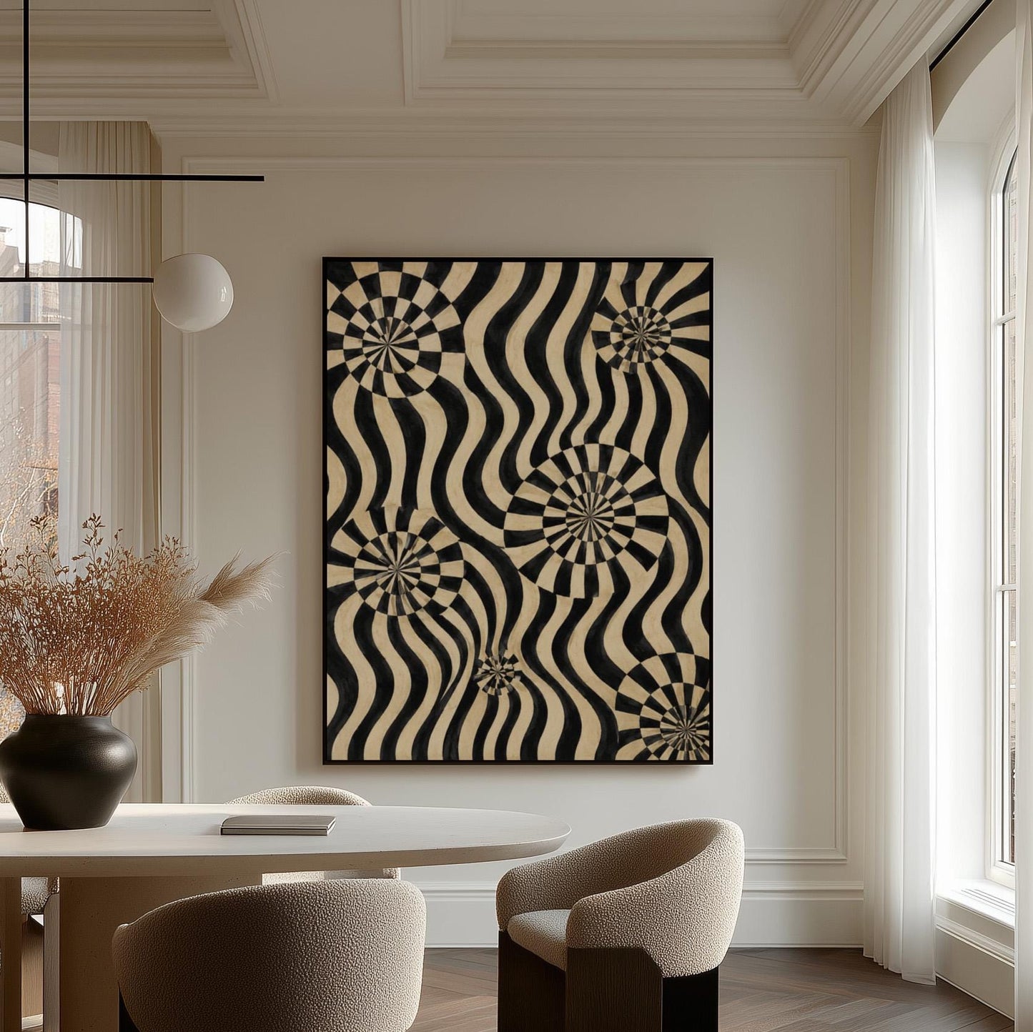 Swirling wavy stripes with spiral discs in black and ivory, canvas print shown in a sunlit, contemporary room