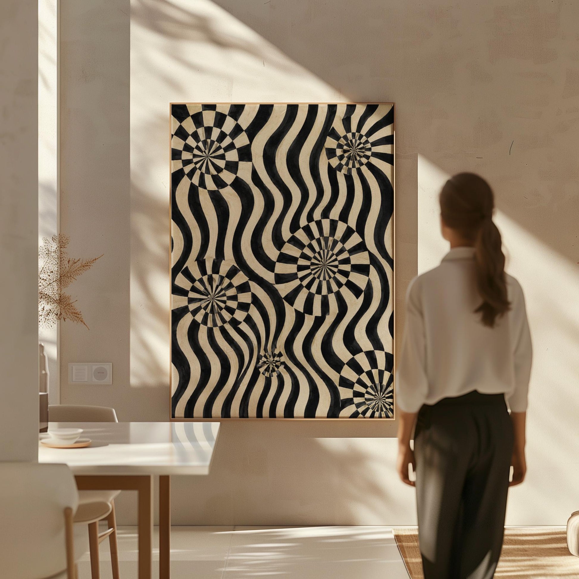 Swirling wavy stripes with spiral discs in black and ivory, canvas wall art hanging in a calm, modern living space