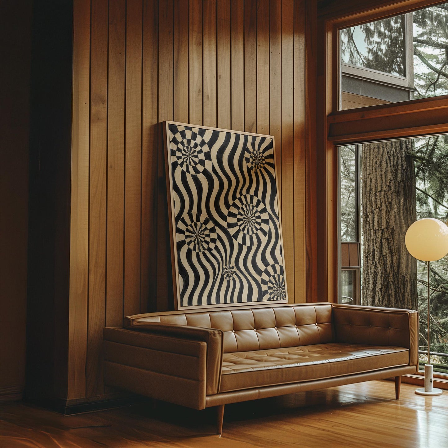 Swirling wavy stripes with spiral discs in black and ivory, canvas wall art presented in a light, minimal room