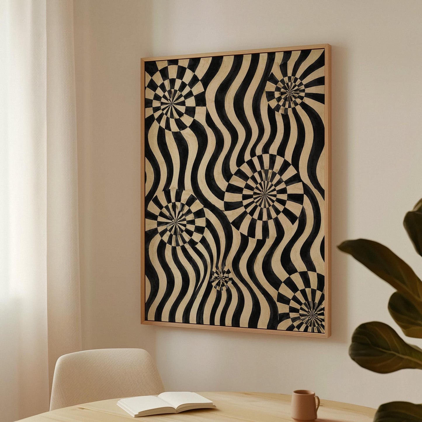 Swirling wavy stripes with spiral discs in black and ivory, canvas wall art on a quiet wall in a considered interior
