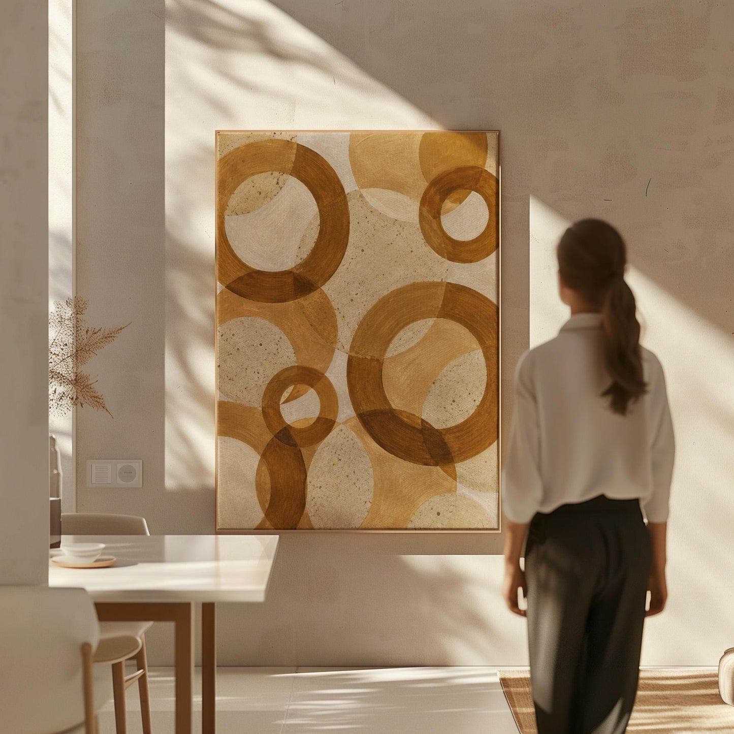 Overlapping translucent circles in amber and terracotta, canvas print seen in a warm interior with natural light