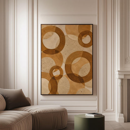 Overlapping translucent circles in amber and terracotta, canvas print on a softly lit wall in a calm interior