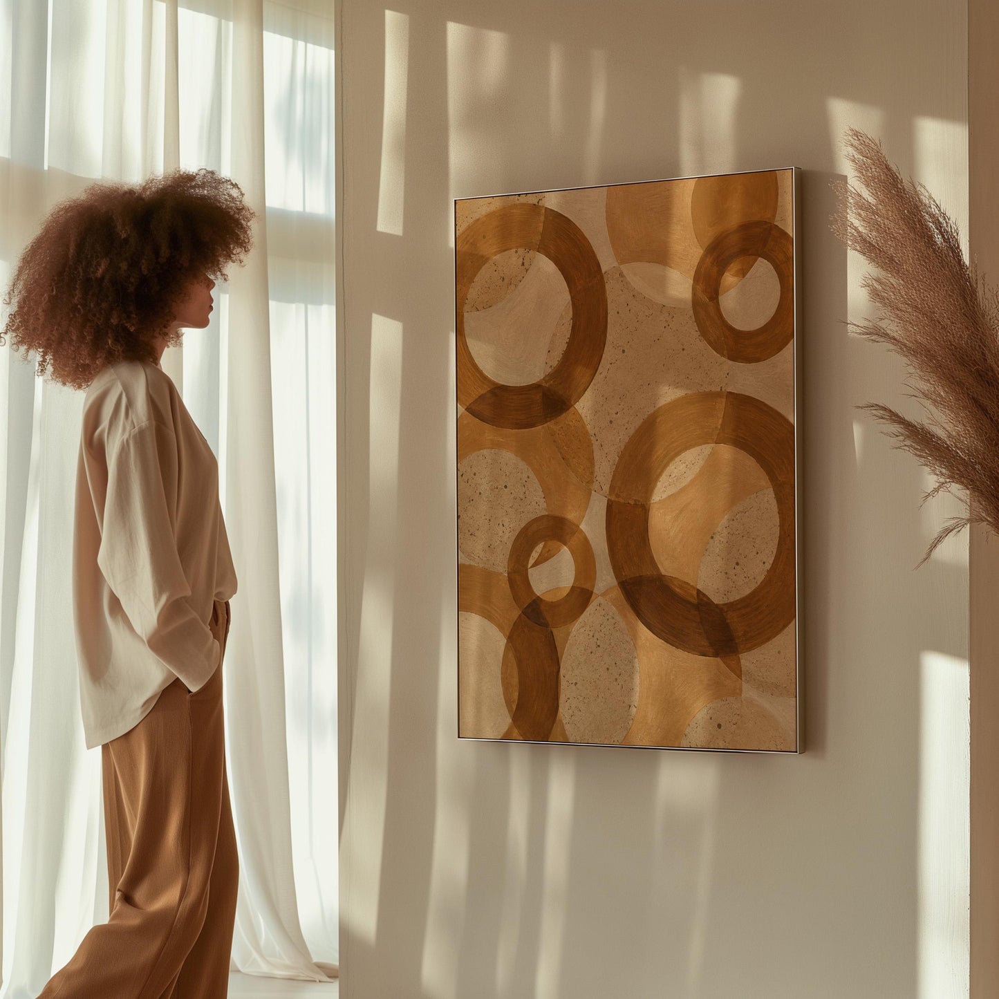 Overlapping translucent circles in amber and terracotta, canvas wall art seen in a warm interior with natural light