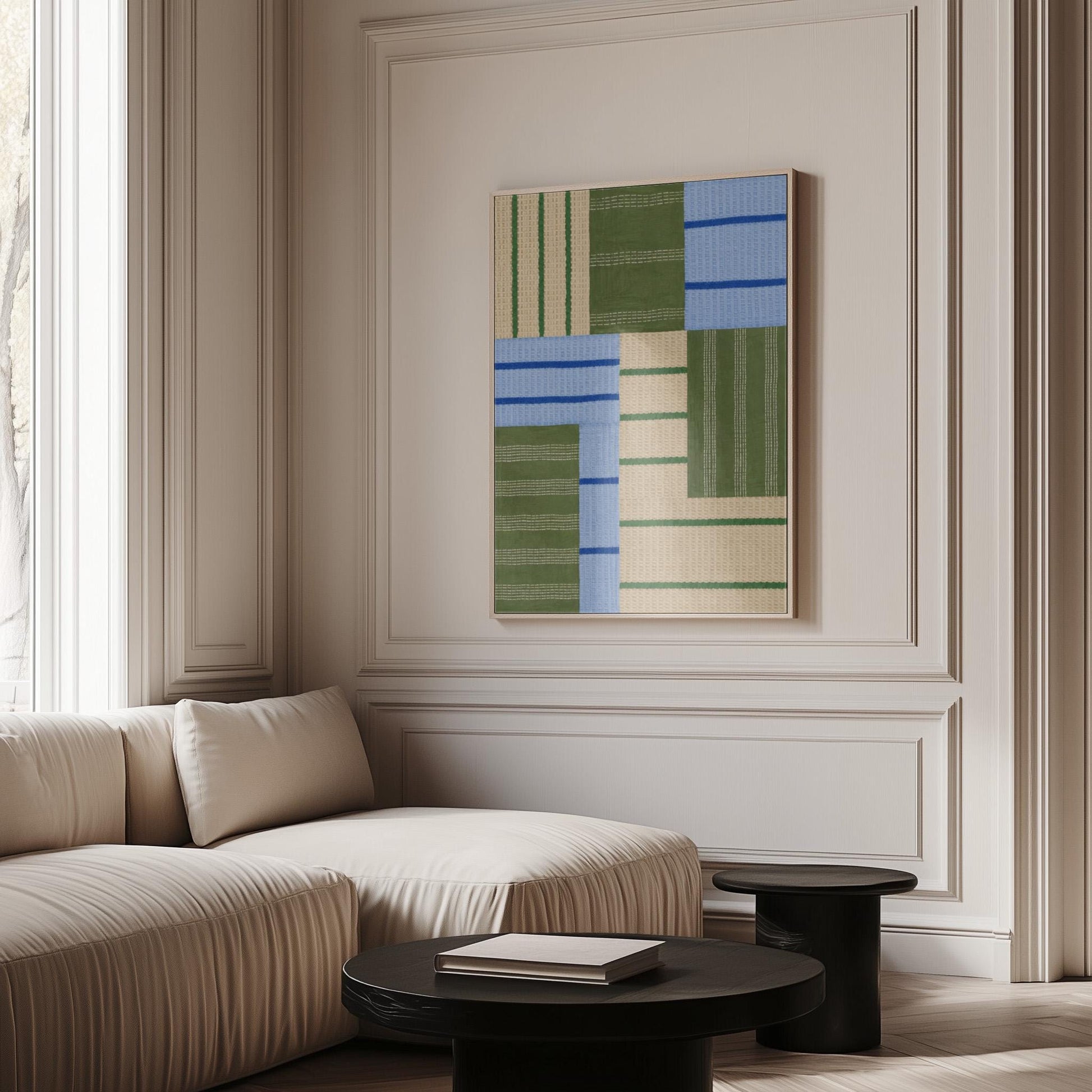 Patchwork of sage green fields with periwinkle blue bands, canvas print displayed on a neutral wall in a styled interior