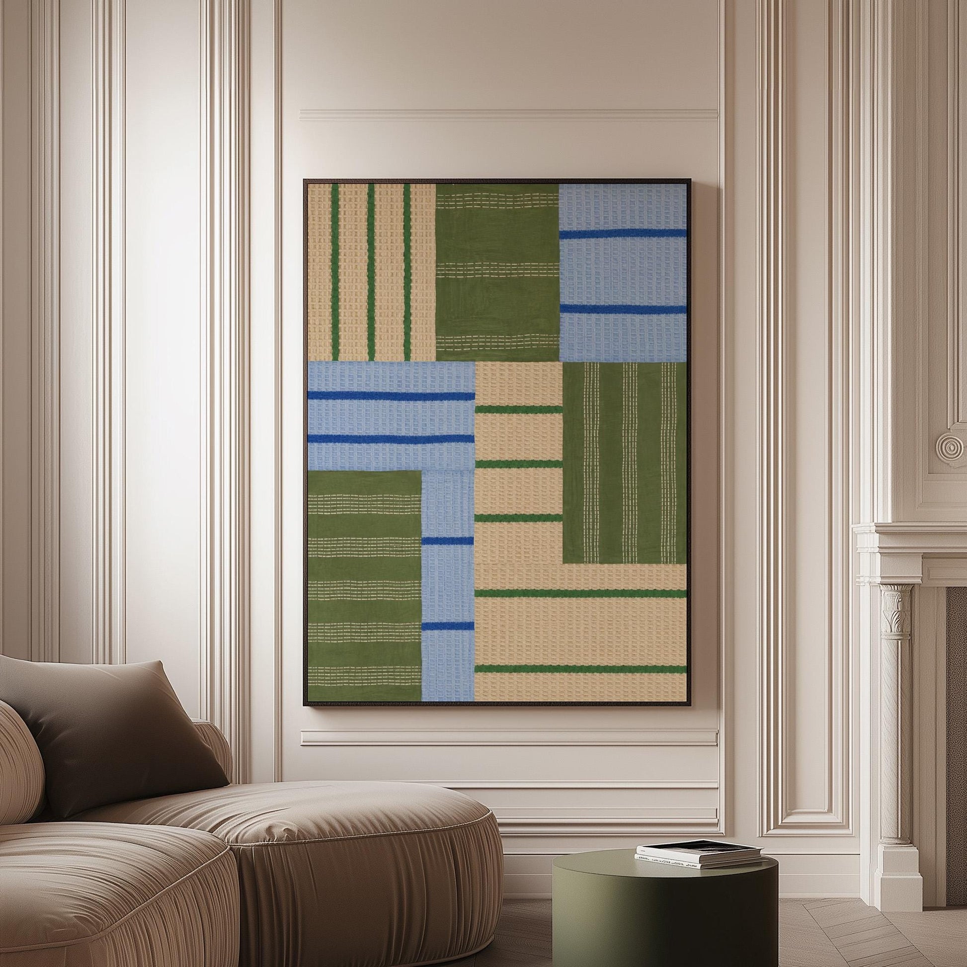 Patchwork of sage green fields with periwinkle blue bands, canvas print on a softly lit wall in a calm interior
