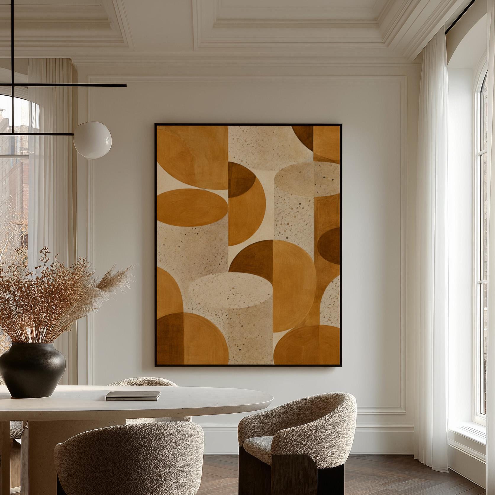 Warm caramel geometric shapes on speckled cream background, canvas print on a quiet wall in a considered interior