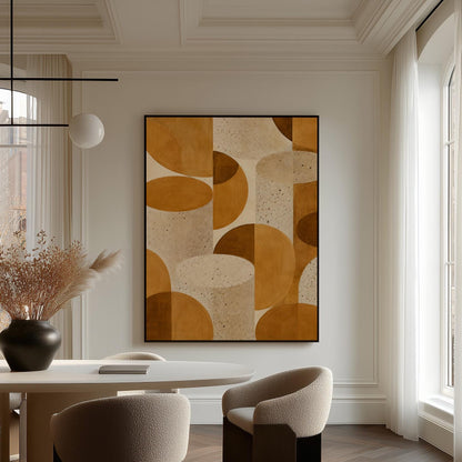 Warm caramel geometric shapes on speckled cream background, canvas print on a quiet wall in a considered interior