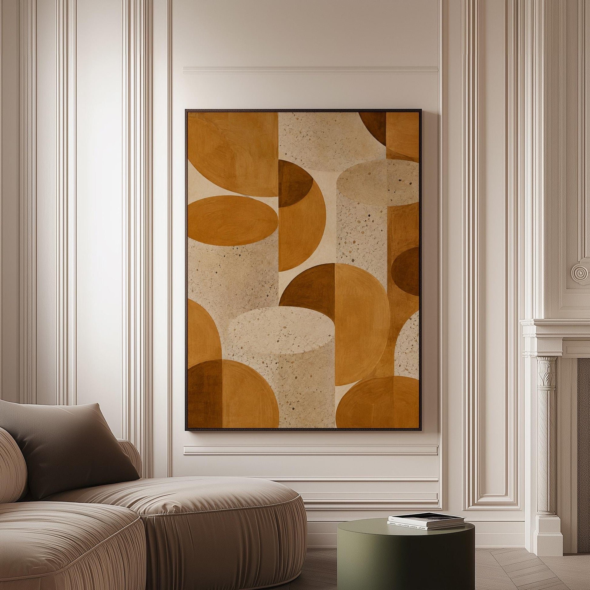 Warm caramel geometric shapes on speckled cream background, canvas print on a softly lit wall in a calm interior