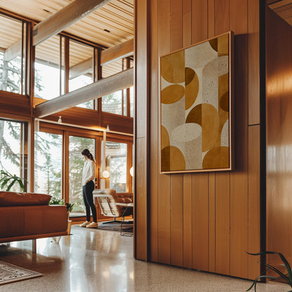 Warm caramel geometric shapes on speckled cream background, canvas wall art presented in a light, minimal room