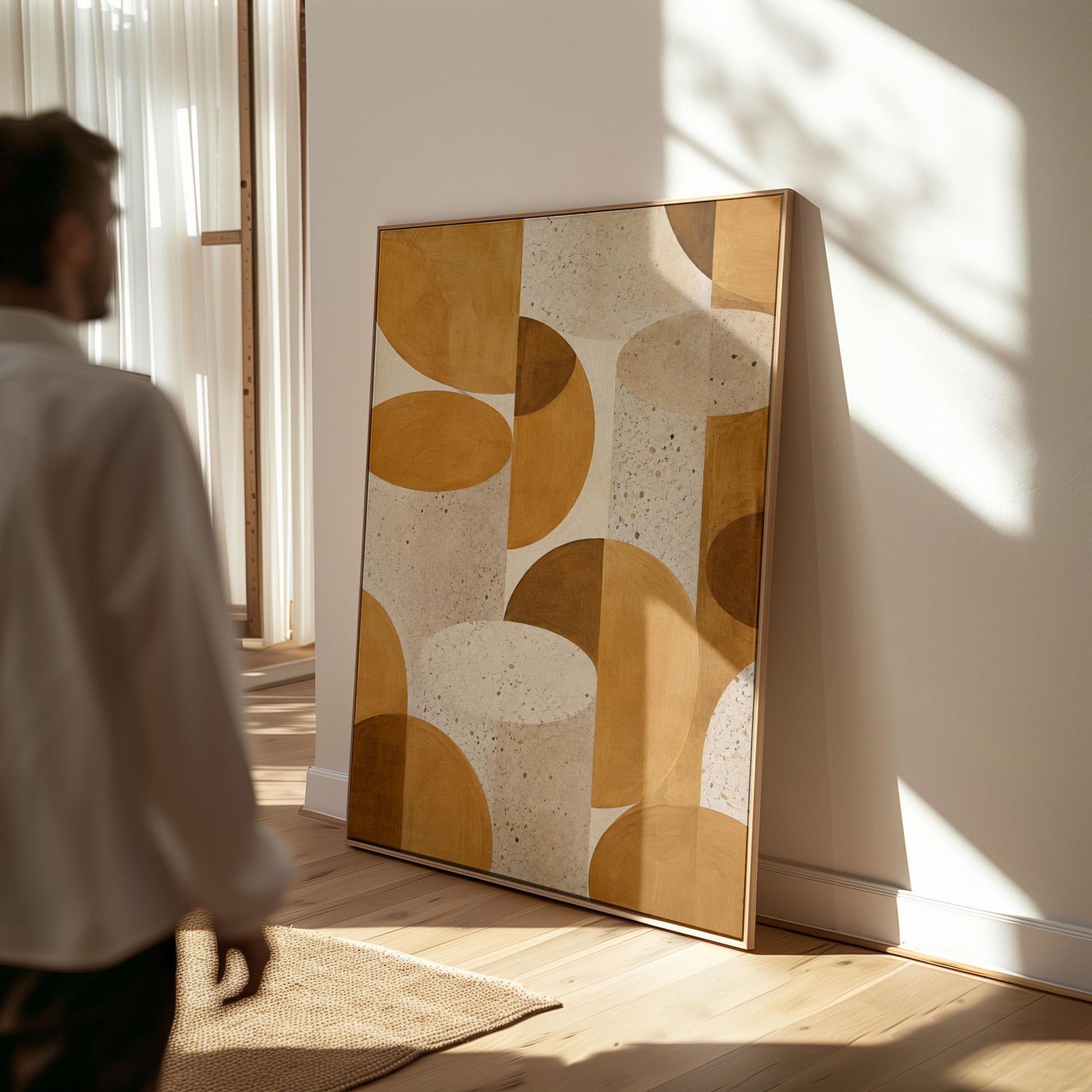 Warm caramel geometric shapes on speckled cream background, canvas wall art on a quiet wall in a considered interior