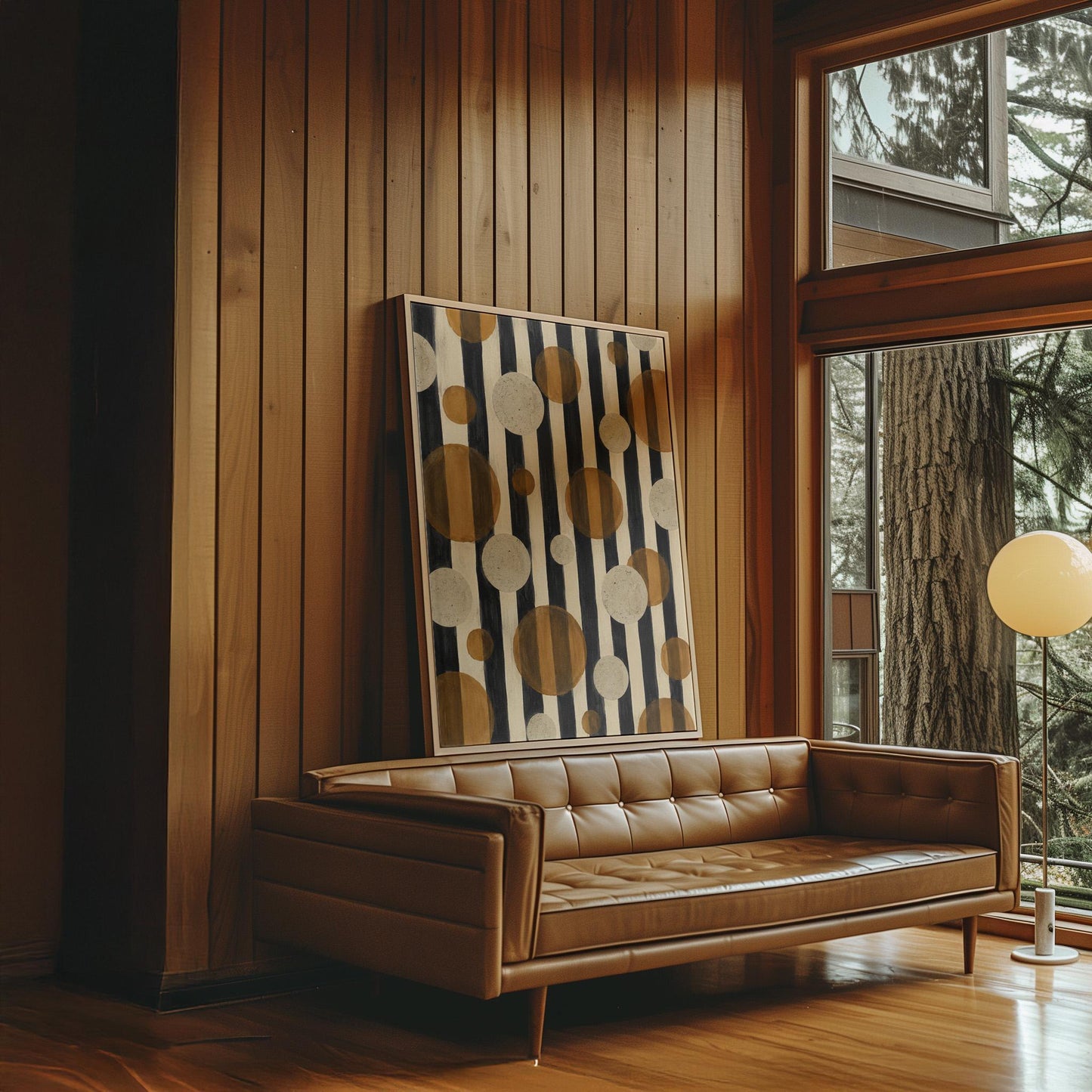Amber and cream circles scattered over black vertical stripes, canvas print displayed on a neutral wall in a styled interior