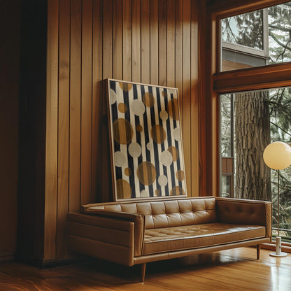 Amber and cream circles scattered over black vertical stripes, canvas print displayed on a neutral wall in a styled interior