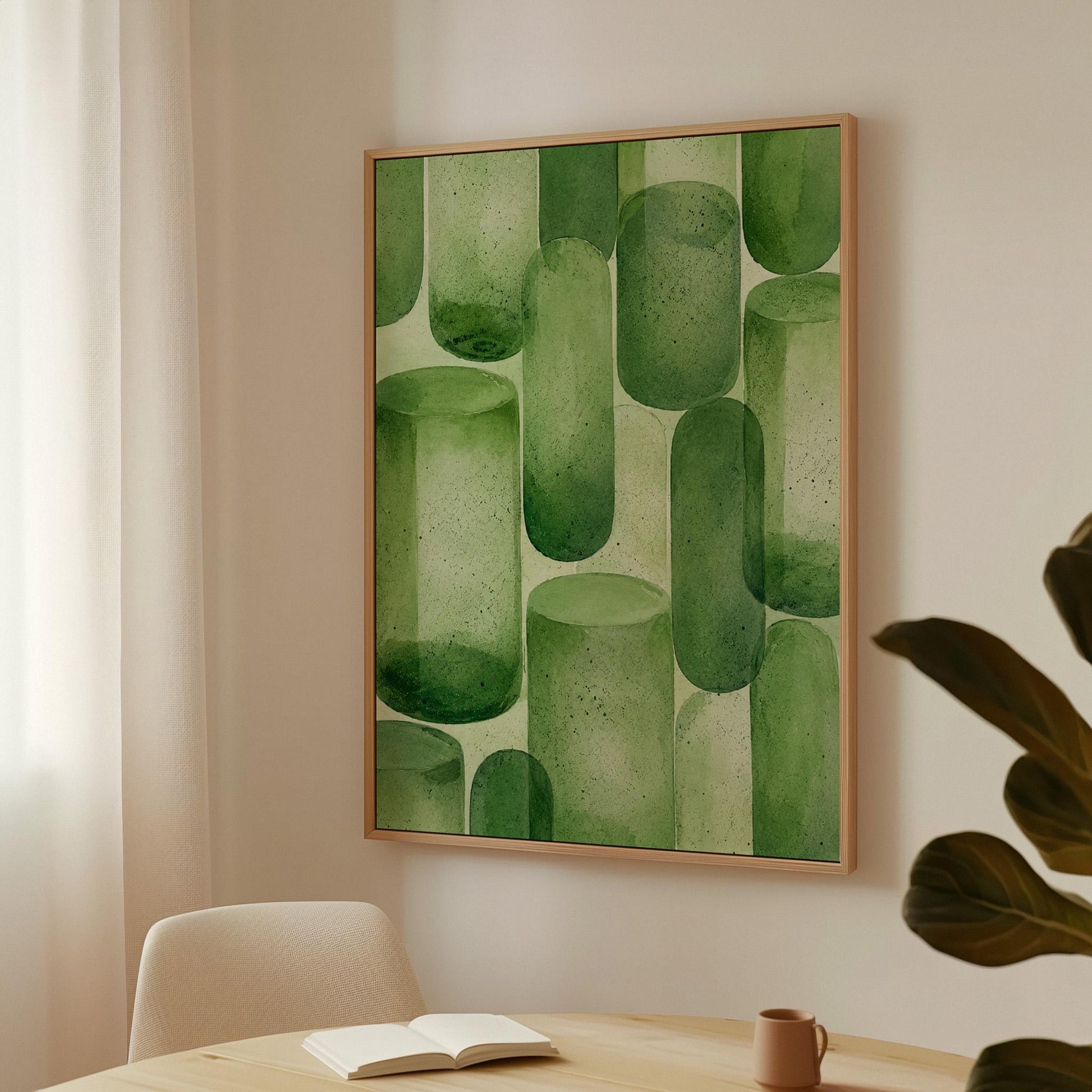 Rounded capsule shapes in layered watercolor greens, canvas wall art presented in a light, minimal room