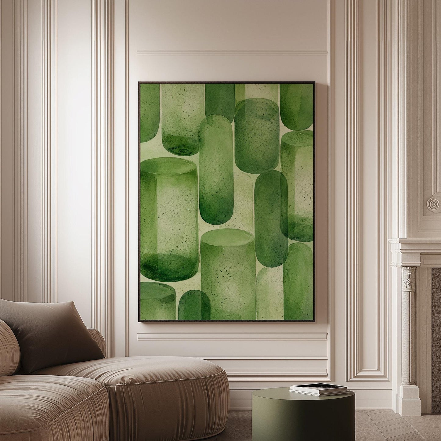Rounded capsule shapes in layered watercolor greens, canvas print on a softly lit wall in a calm interior