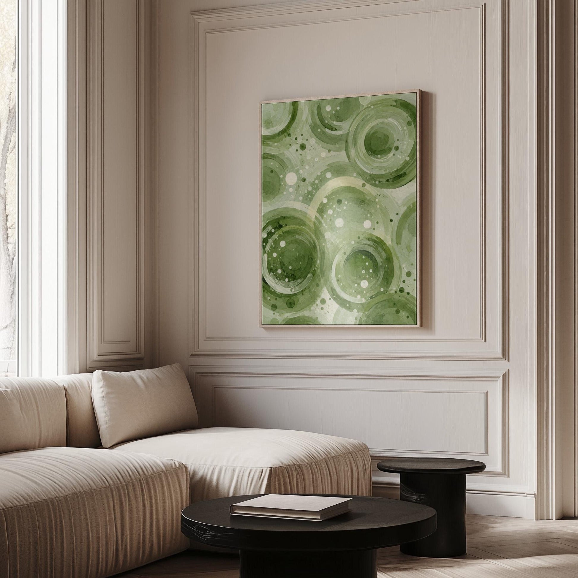 Rings and bubbles swirling in sage green watercolor, canvas print on a quiet wall in a considered interior