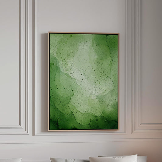 Loose watercolor wash in deep moss and forest greens, canvas print in a bright room with natural daylight