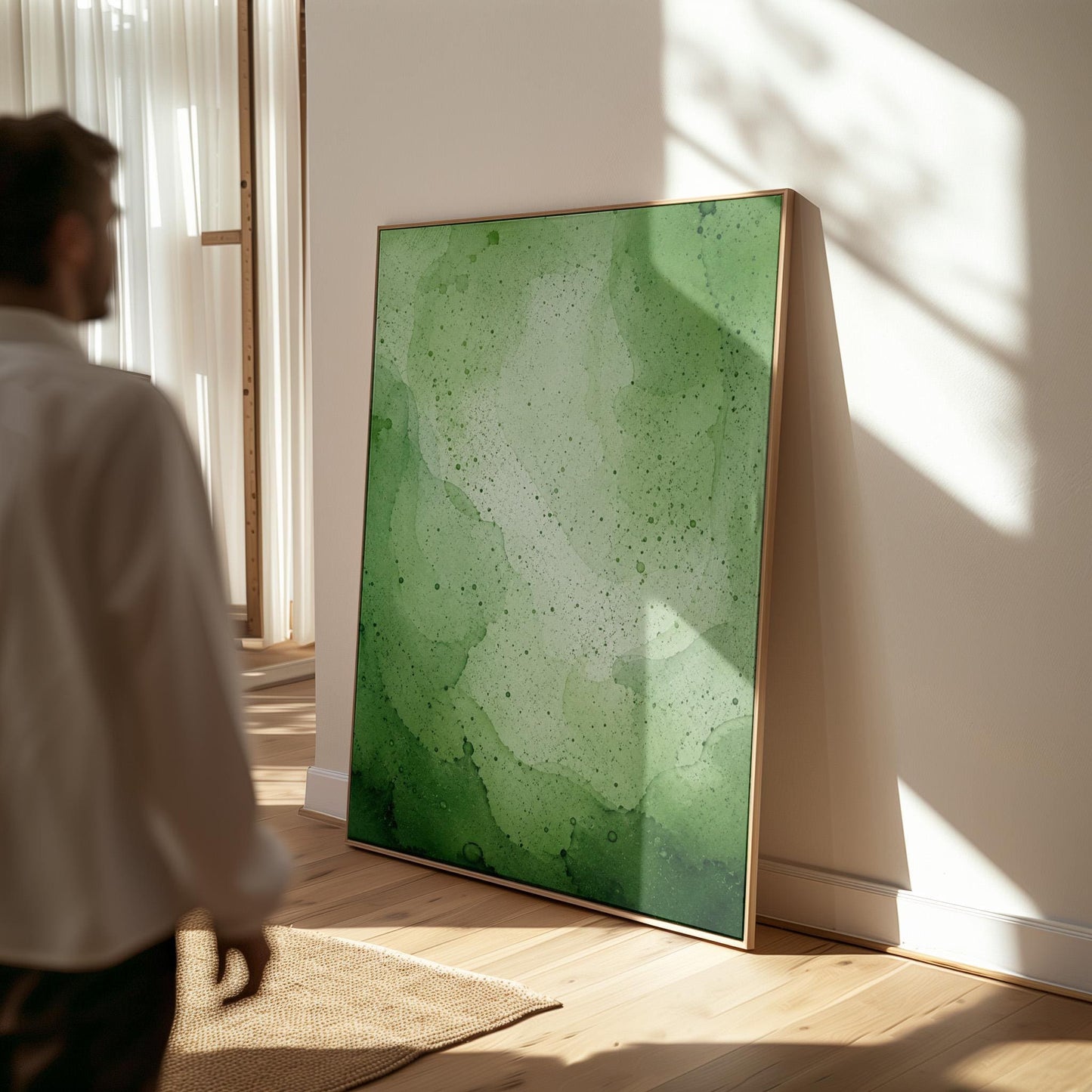 Loose watercolor wash in deep moss and forest greens, canvas print shown to scale in a furnished room