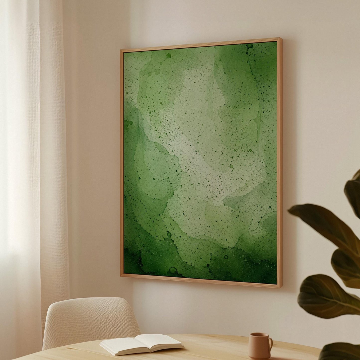 Loose watercolor wash in deep moss and forest greens, canvas wall art styled against a soft white wall