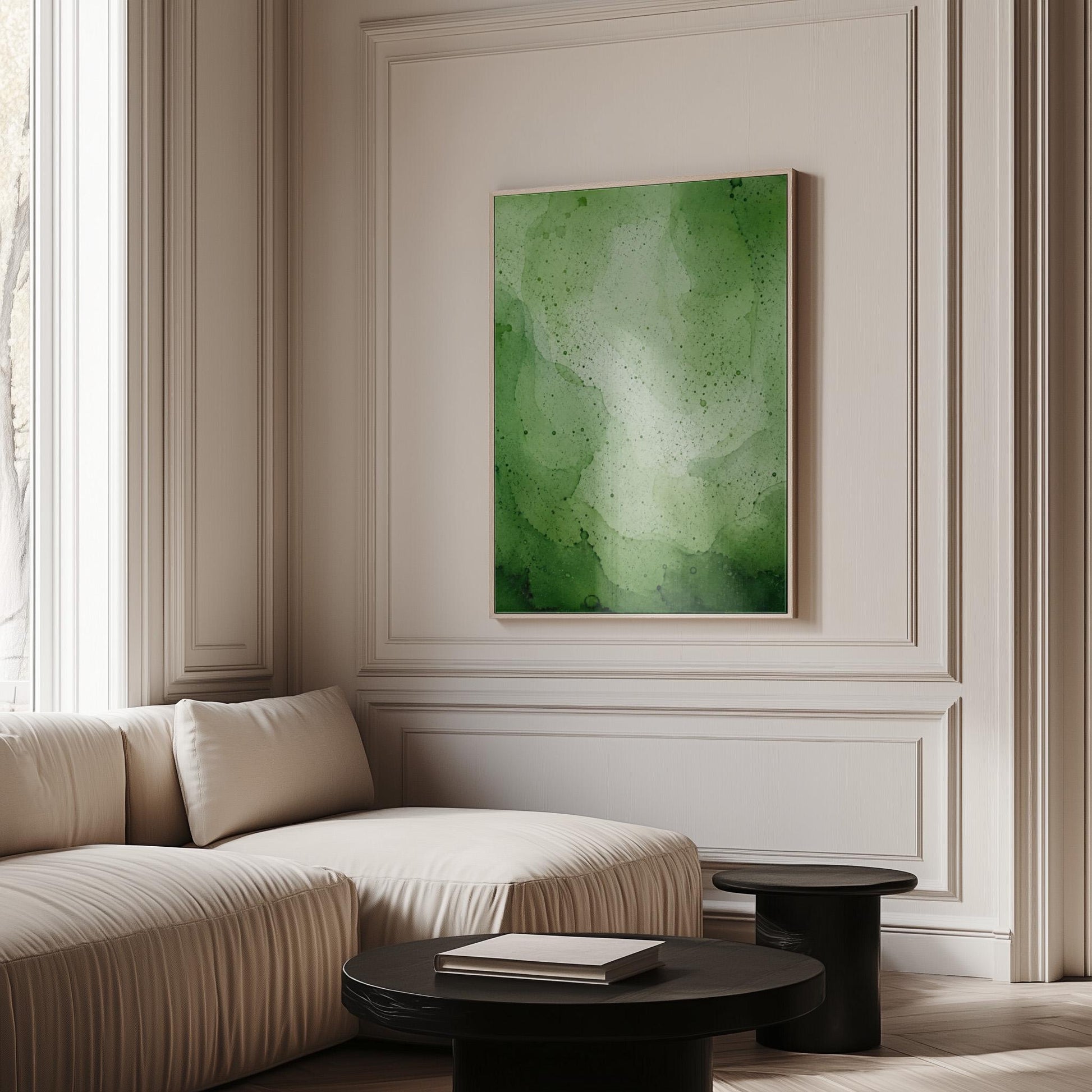 Loose watercolor wash in deep moss and forest greens, canvas wall art presented in a light, minimal room