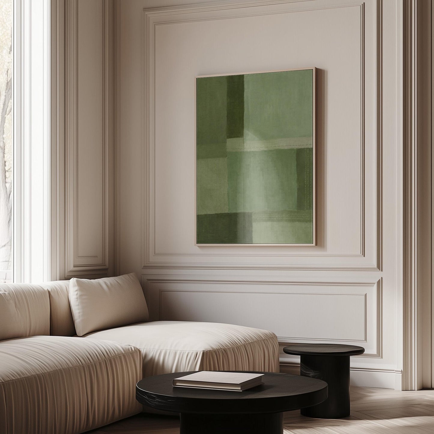 Tonal color blocks in muted sage and olive green, canvas print hanging in a calm, modern living space