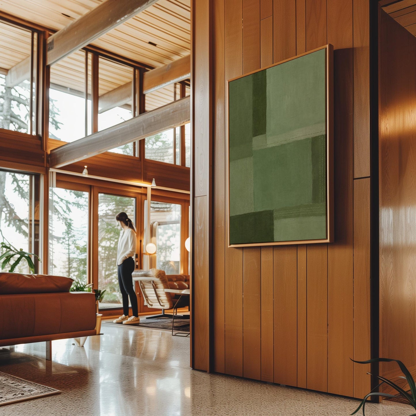 Tonal color blocks in muted sage and olive green, canvas print seen in a warm interior with natural light