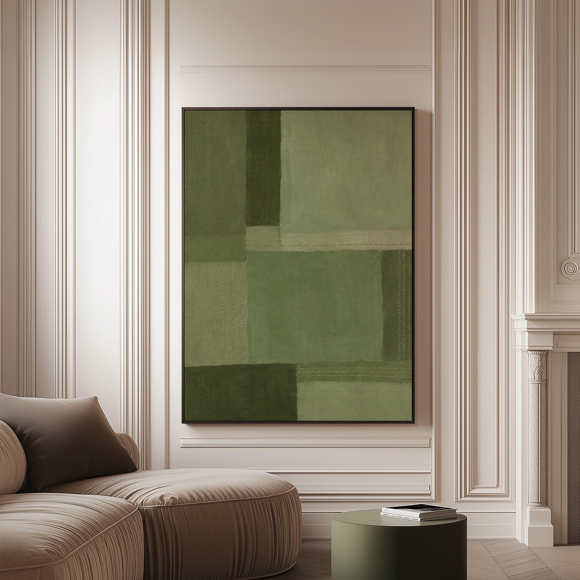 Tonal color blocks in muted sage and olive green, canvas print on a softly lit wall in a calm interior