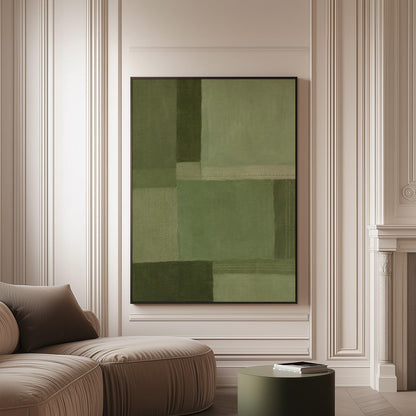 Tonal color blocks in muted sage and olive green, canvas print on a softly lit wall in a calm interior