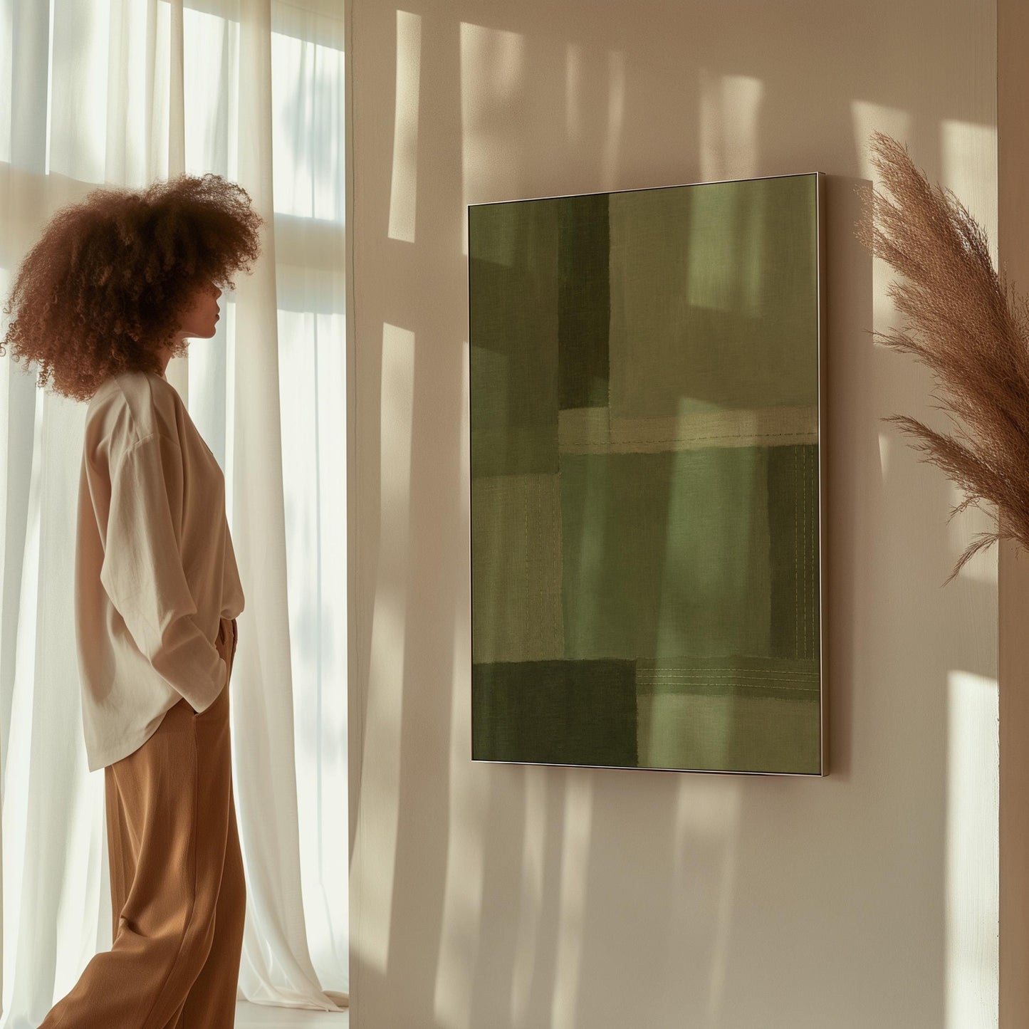 Tonal color blocks in muted sage and olive green, canvas print on a quiet wall in a considered interior