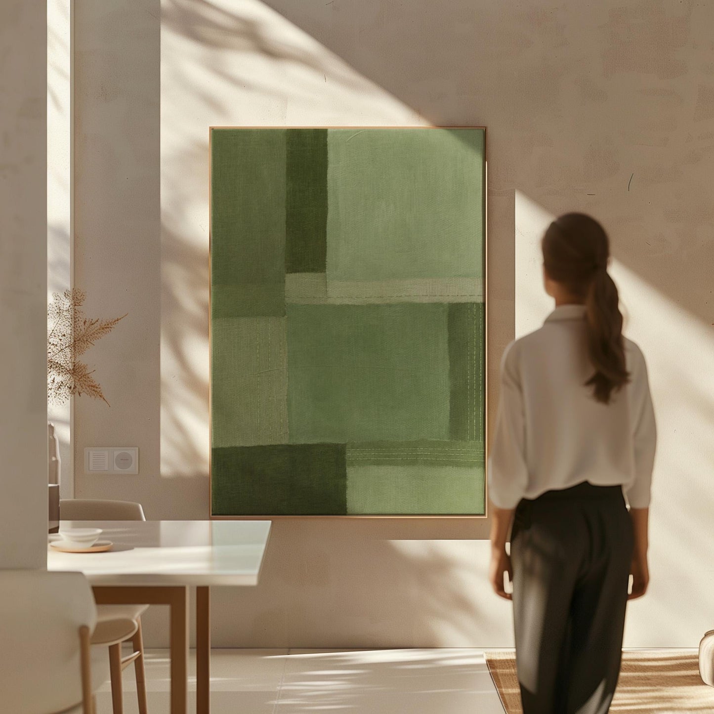 Tonal color blocks in muted sage and olive green, canvas wall art styled against a soft white wall