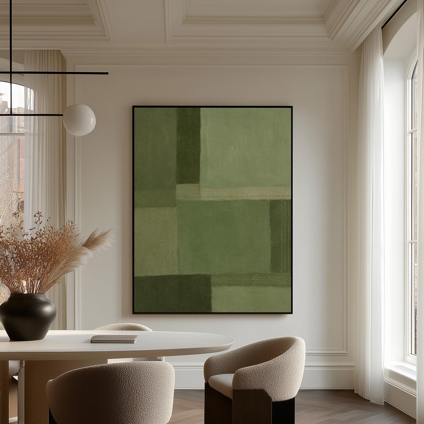 Tonal color blocks in muted sage and olive green, canvas wall art seen in a warm interior with natural light