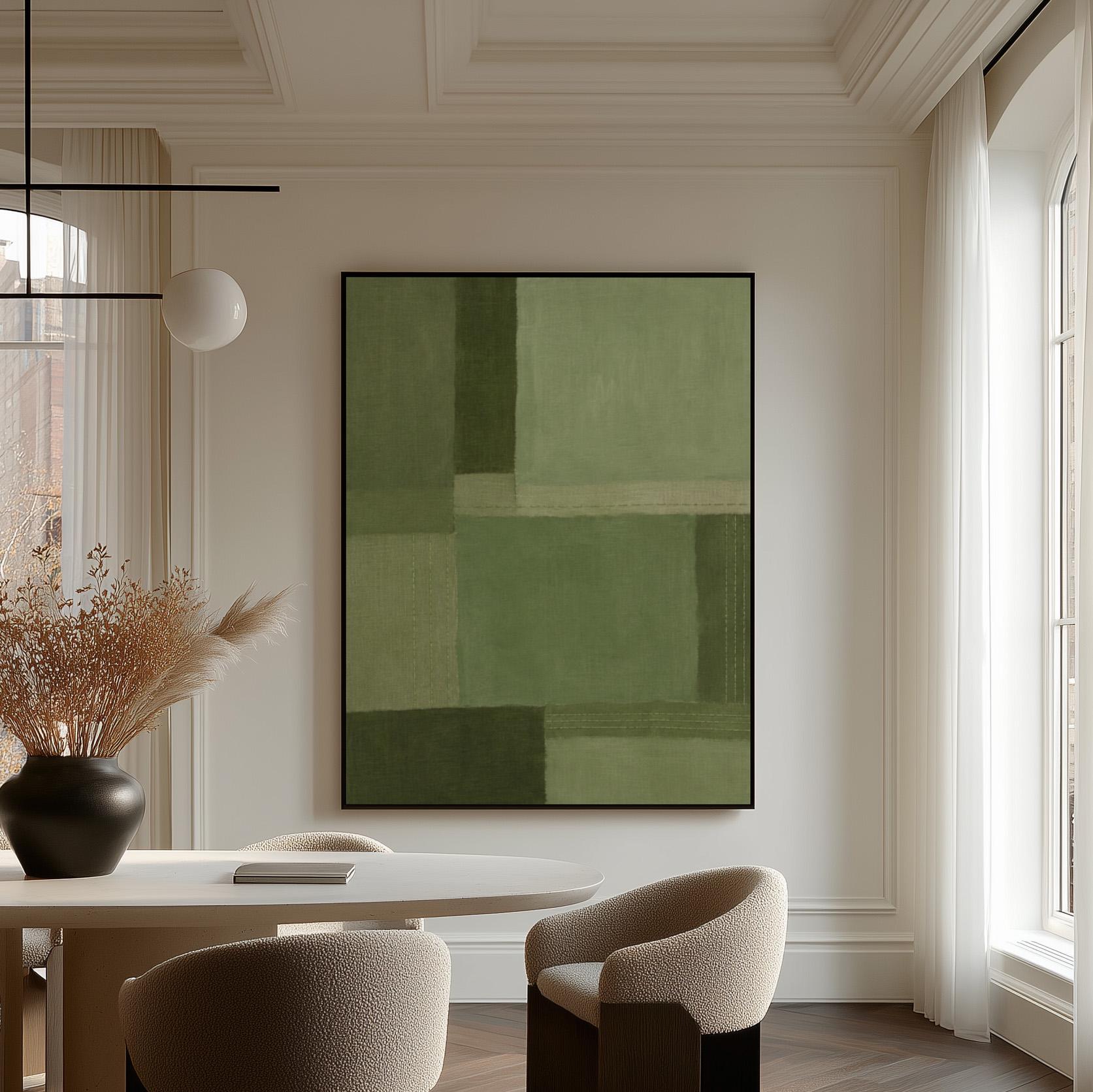 Tonal color blocks in muted sage and olive green, canvas wall art seen in a warm interior with natural light