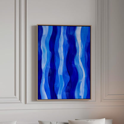 Vertical flowing ribbons in cobalt and light blue, canvas print in a bright room with natural daylight