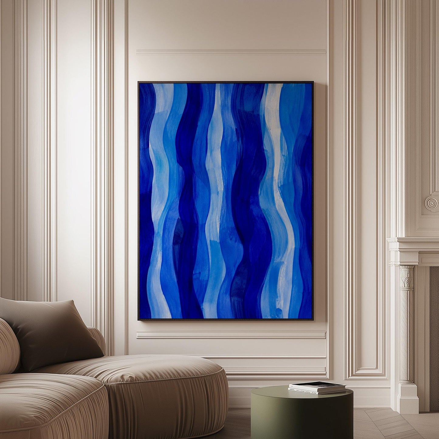 Vertical flowing ribbons in cobalt and light blue, canvas print on a softly lit wall in a calm interior