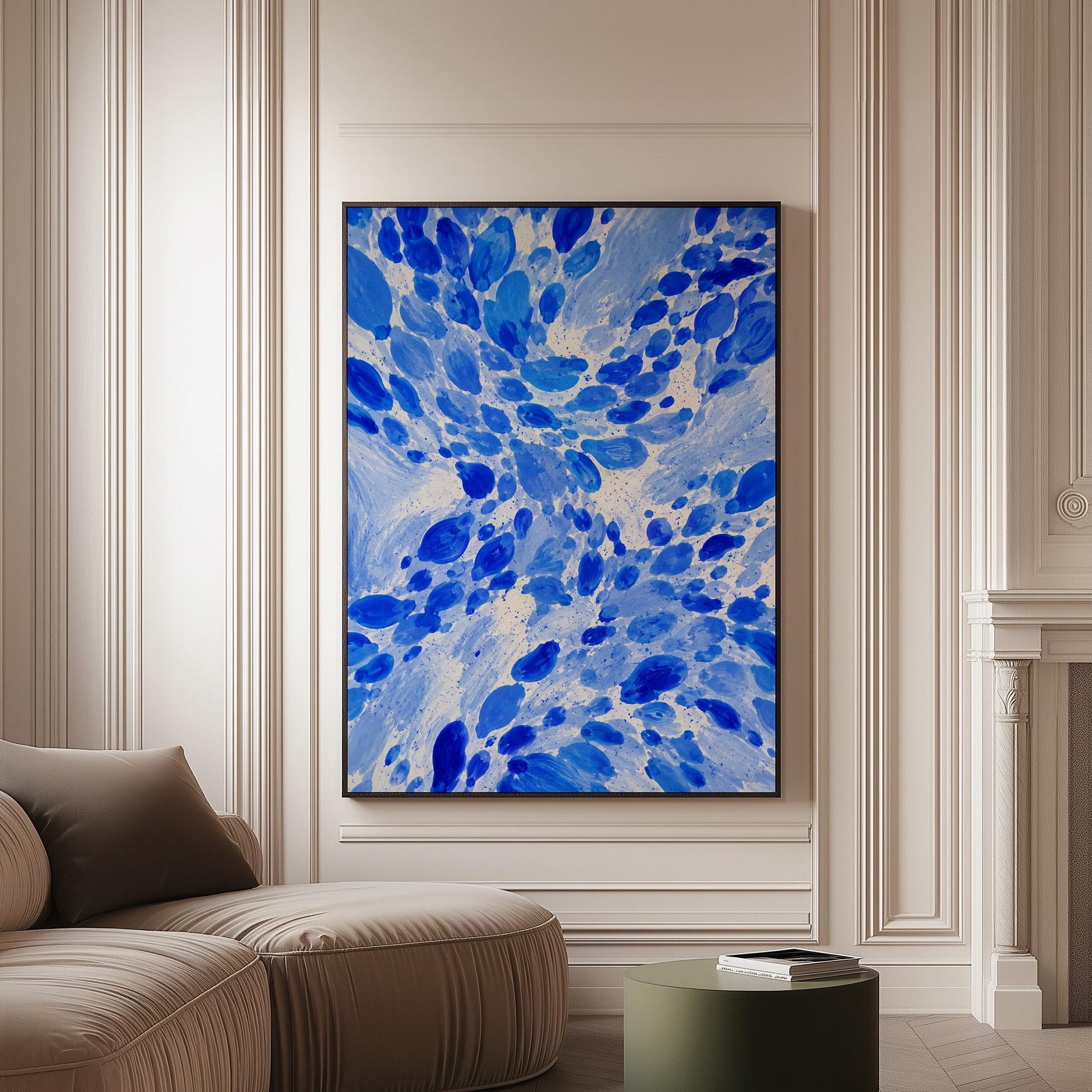 Burst of cobalt blue droplets scattering across pale background, canvas print on a softly lit wall in a calm interior