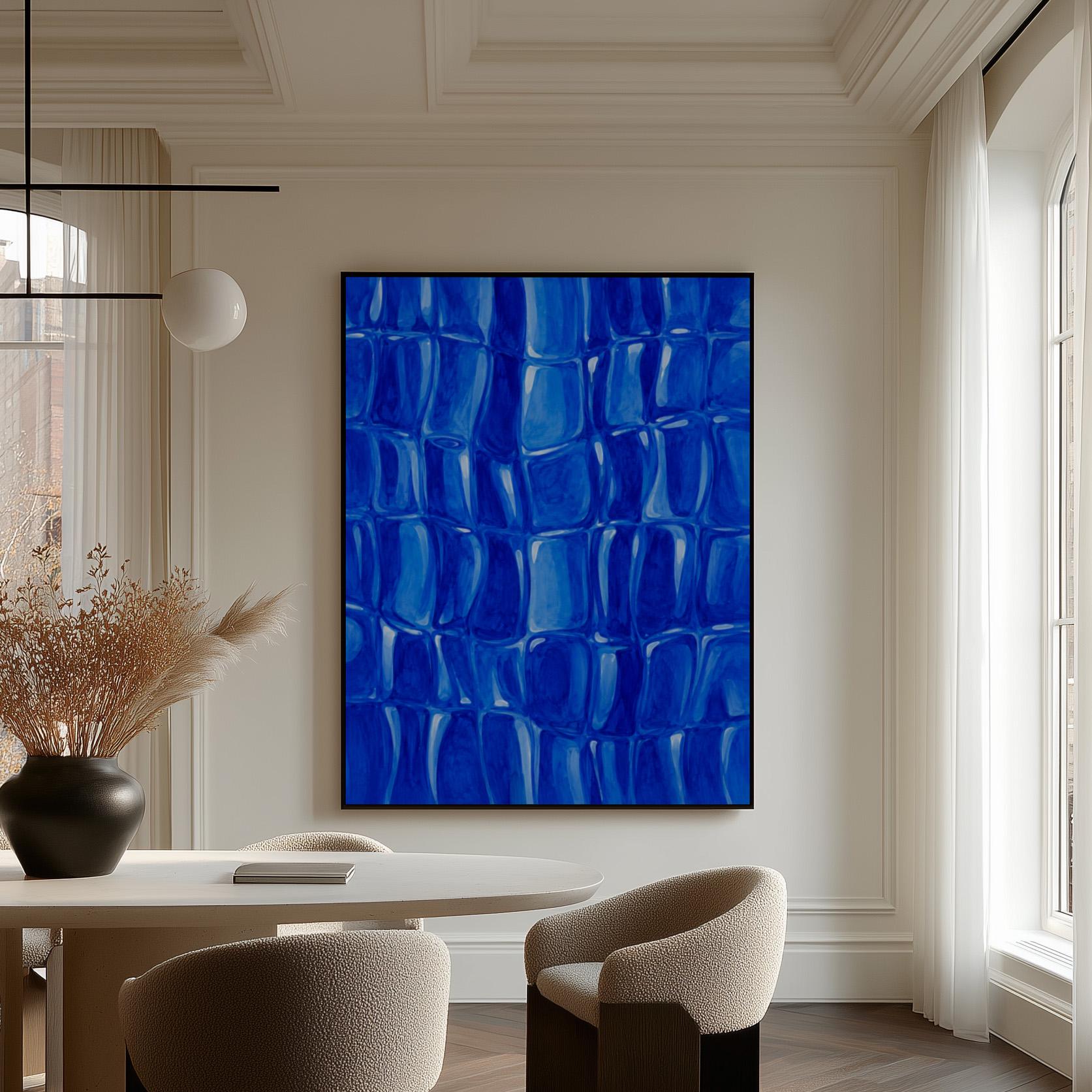 Mosaic of rounded royal blue shapes like cobblestones, canvas print presented in a light, minimal room