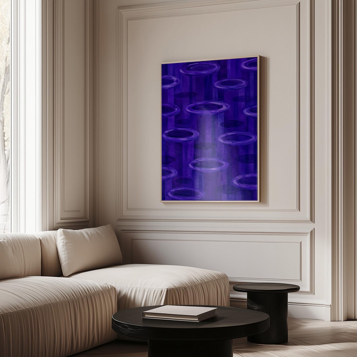 Rings emerging from deep violet and amethyst tones, canvas print on a quiet wall in a considered interior