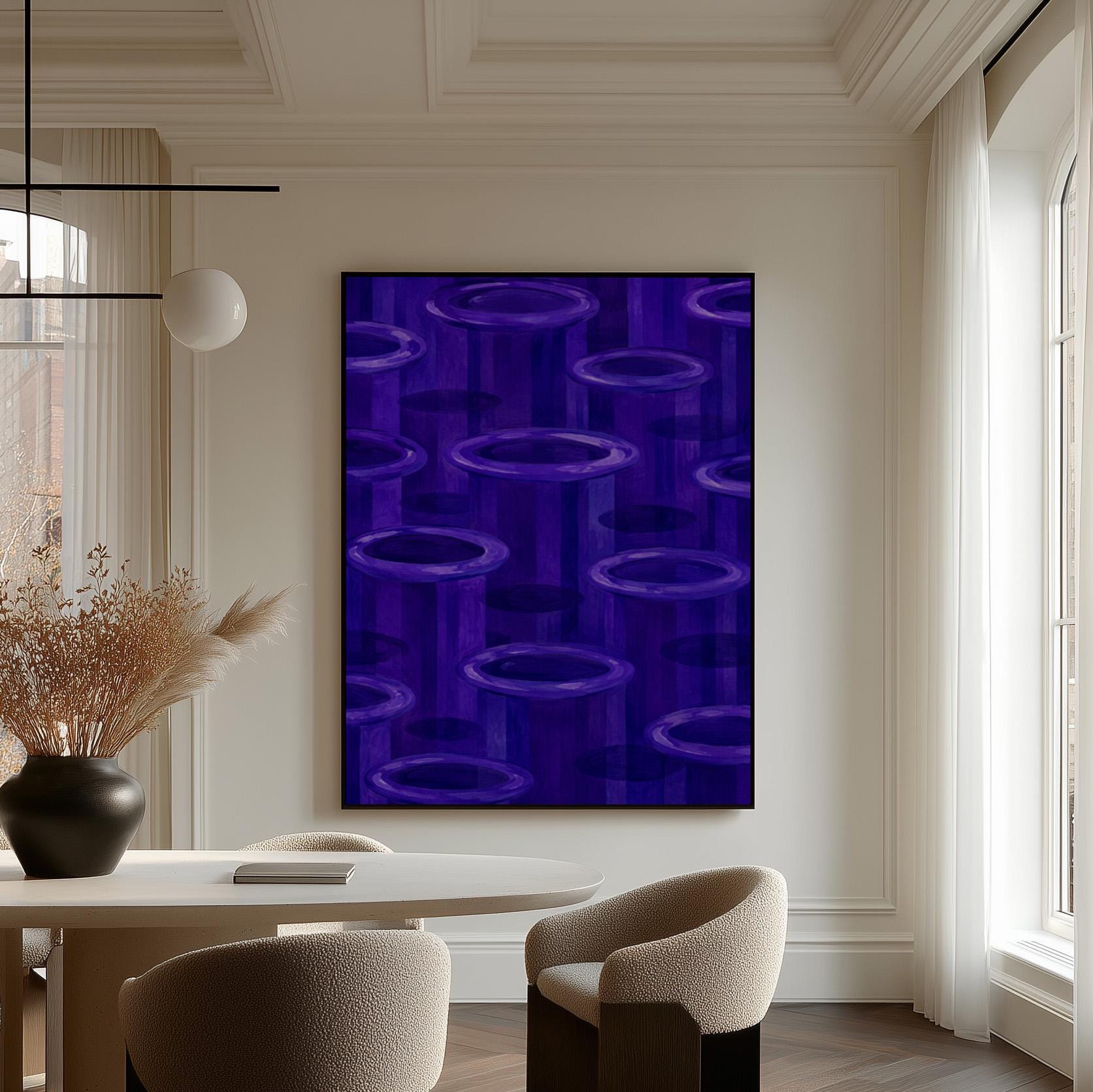 Rings emerging from deep violet and amethyst tones, canvas print shown in a sunlit, contemporary room