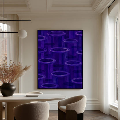 Rings emerging from deep violet and amethyst tones, canvas print shown in a sunlit, contemporary room